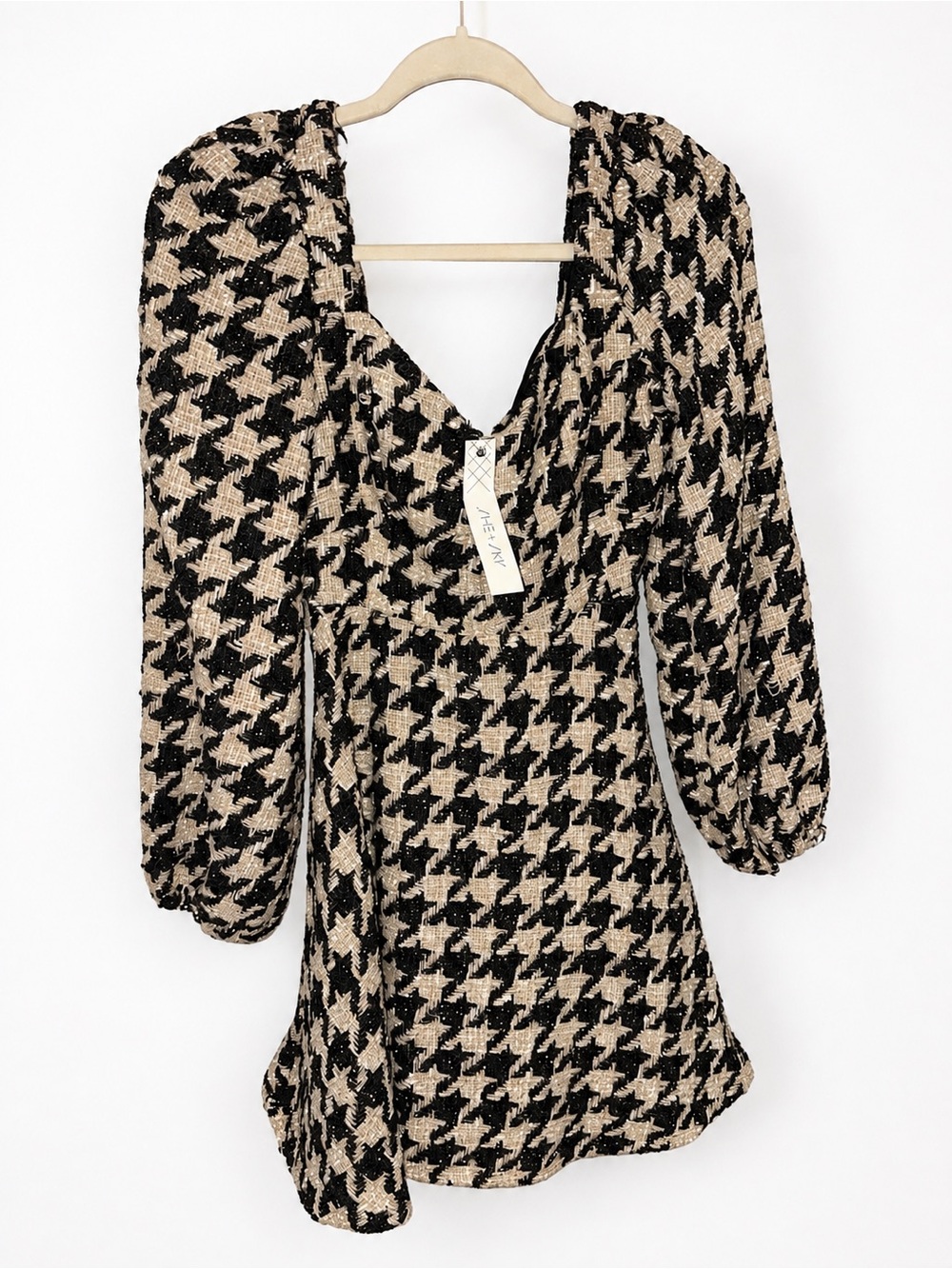 Black & Gold Houndstooth Long Sleeve Mini Dress โ Sparkle Textured Party Dress